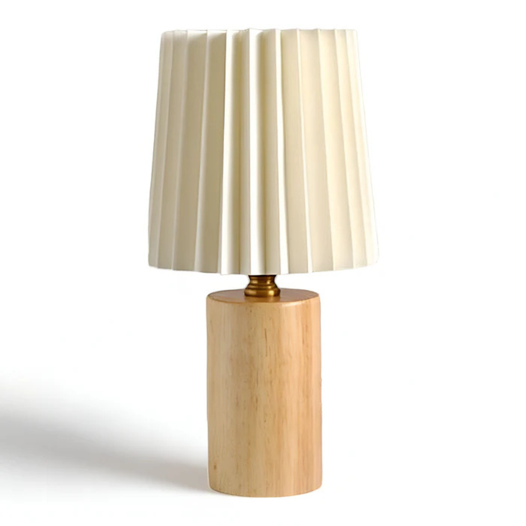 LegnoPuro | Scandinavische LED Tafellamp – Houten Voet – Geplisseerde Kap – Warmwit