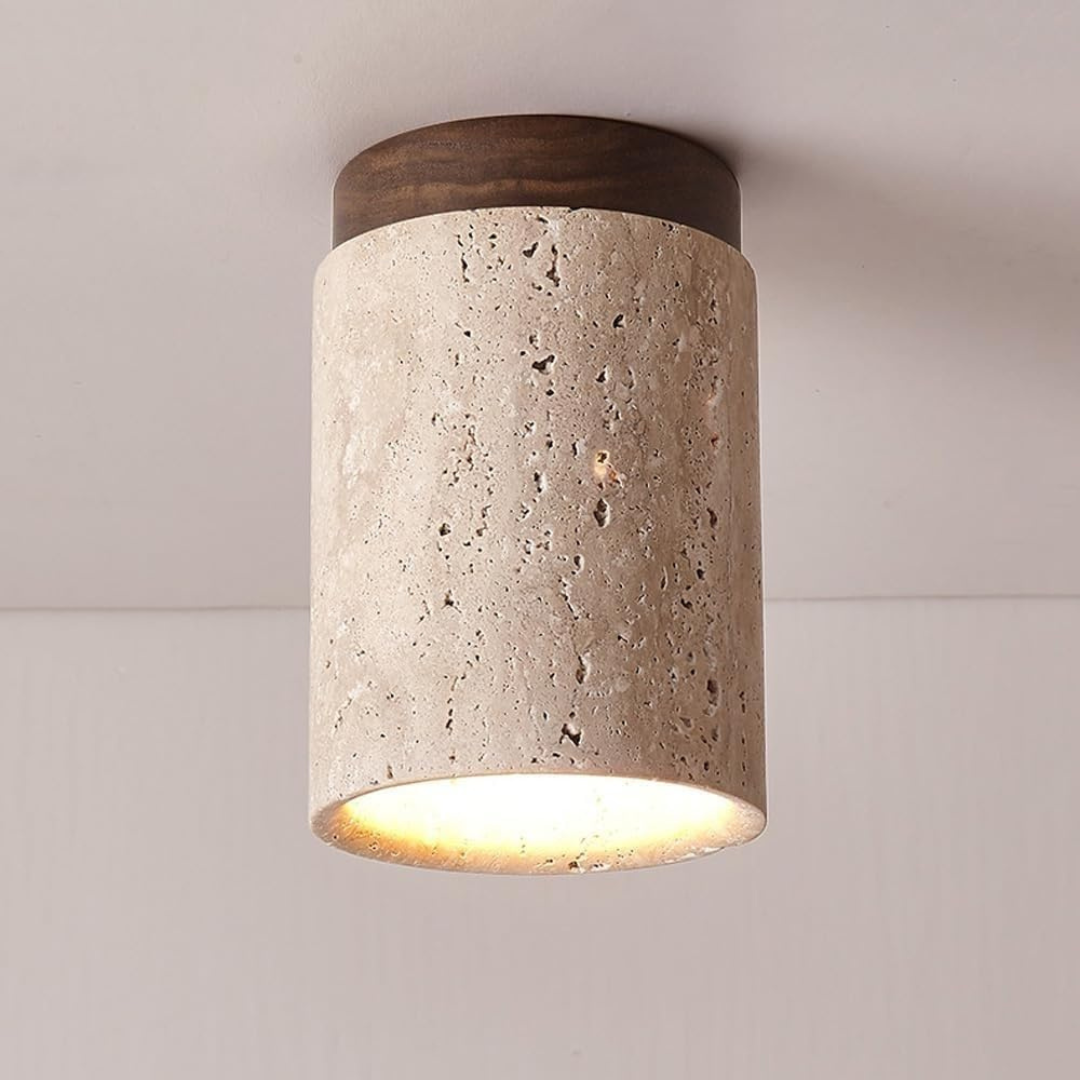 Travertin Plafondlamp – Cilindervorm met Hout | Pietra Calda