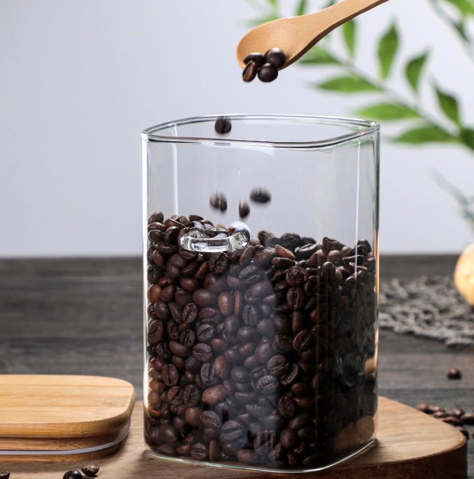 Saji Moku | Glazen Koffievoorraadpot – Houten Deksel & Lepel – 3 Formaten
