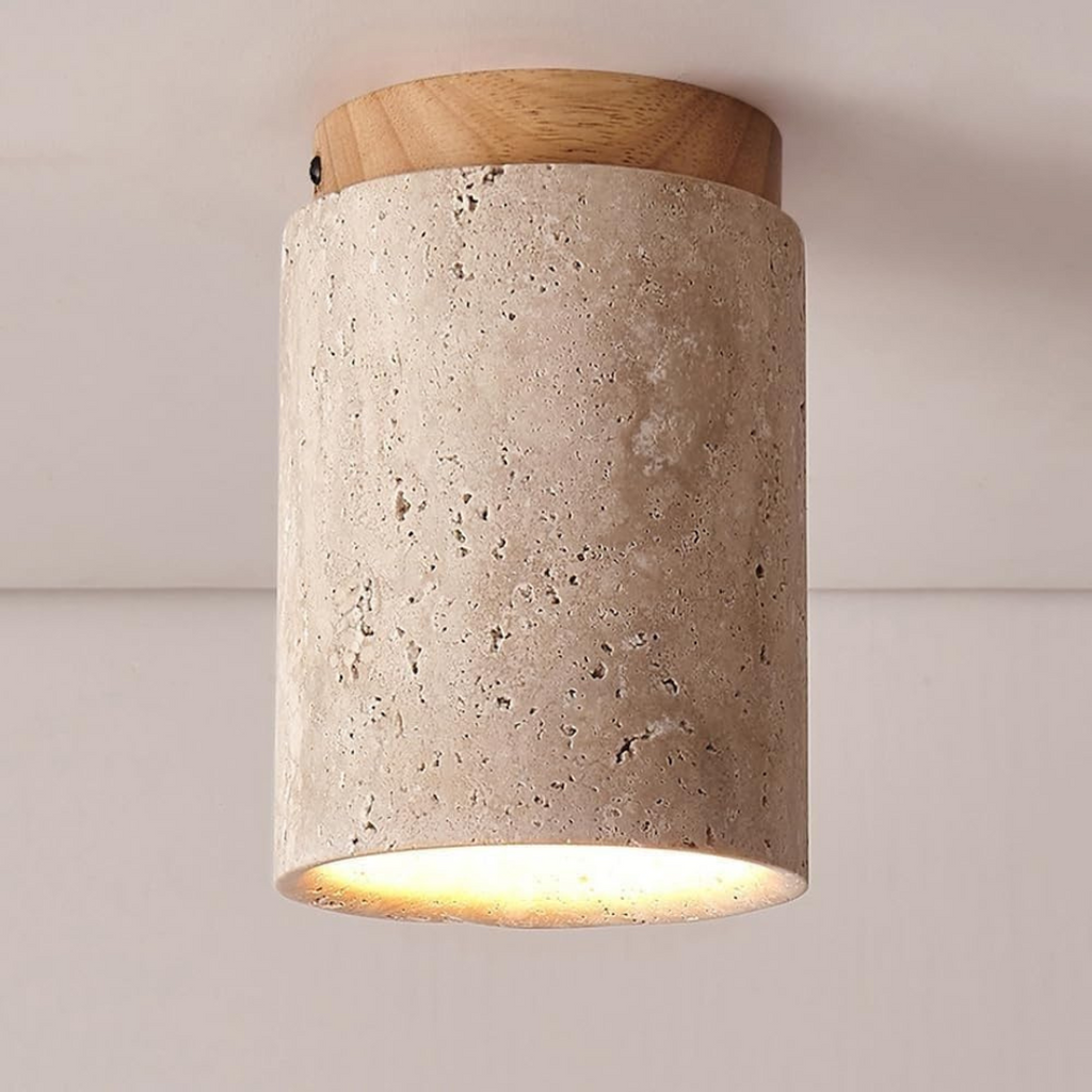 Travertin Plafondlamp – Cilindervorm met Hout | Pietra Calda