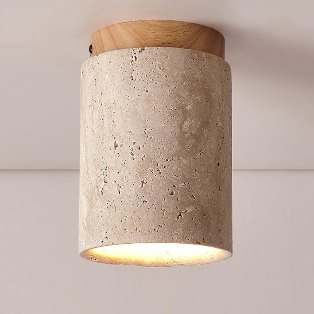 Travertin Plafondlamp – Cilindervorm met Hout | Pietra Calda