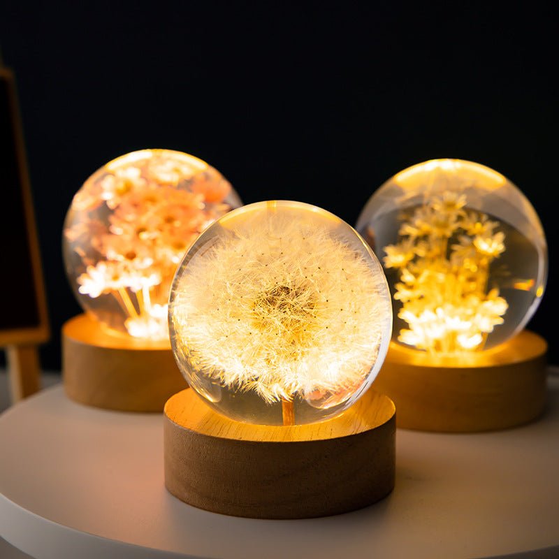 HanaSphere | 3D Kristallen Bloemenlamp – USB – Warm Sfeerlicht – Houten Basis