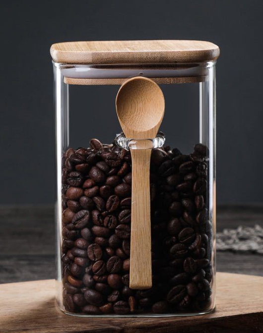 Saji Moku | Luxe Glazen Koffievoorraadpot – Houten Deksel & Lepel – 3 Formaten