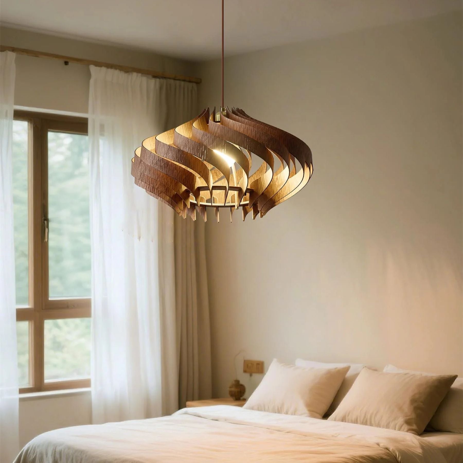 Syvara | Sculpturale Houten Hanglamp met Dynamische Spiraal