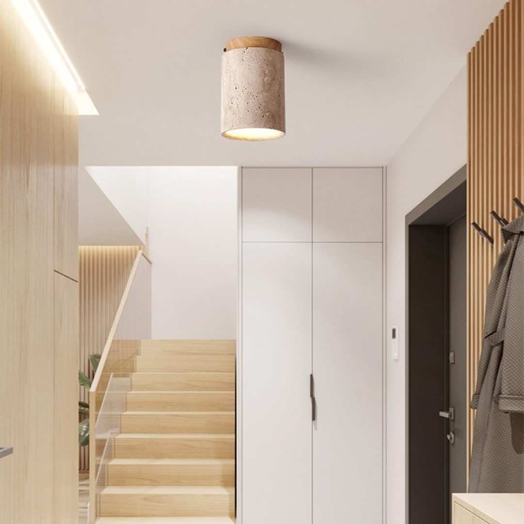 Travertin Plafondlamp – Cilindervorm met Hout | Pietra Calda