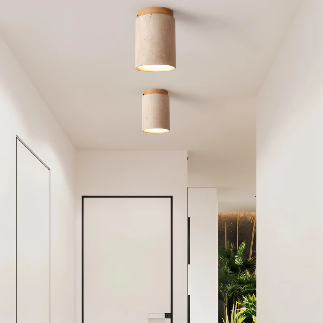 Travertin Plafondlamp – Cilindervorm met Hout | Pietra Calda