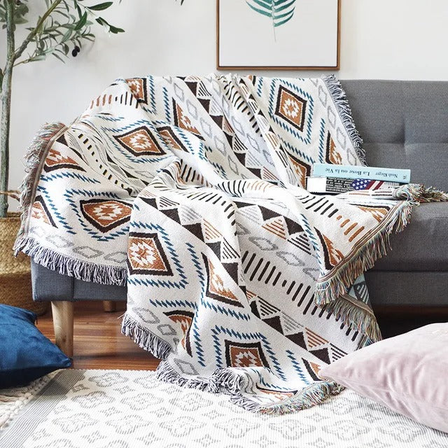 Alowa | Luxe Jacquard Geweven Plaid – Kleurrijke Throw Blanket met Boheemse Franjes