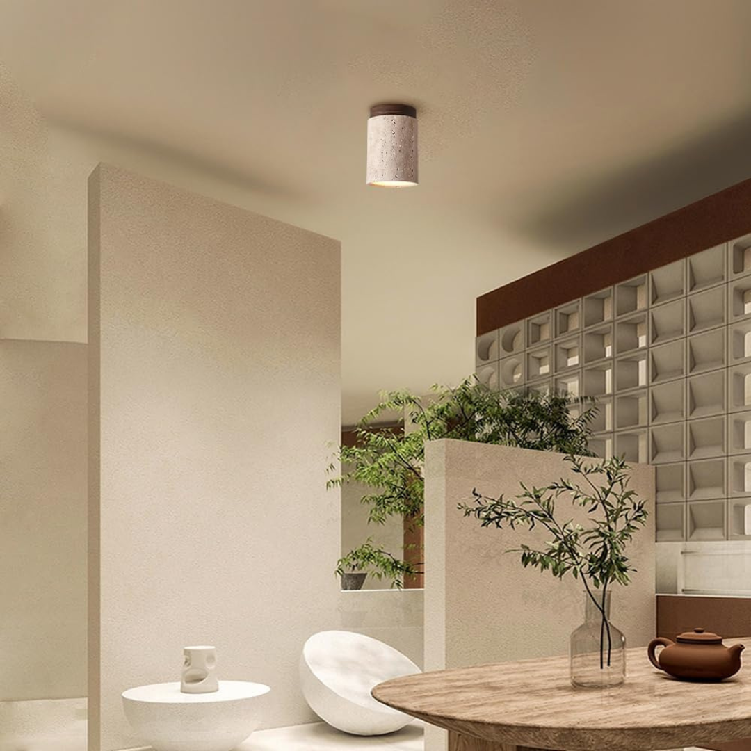 Travertin Plafondlamp – Cilindervorm met Hout | Pietra Calda
