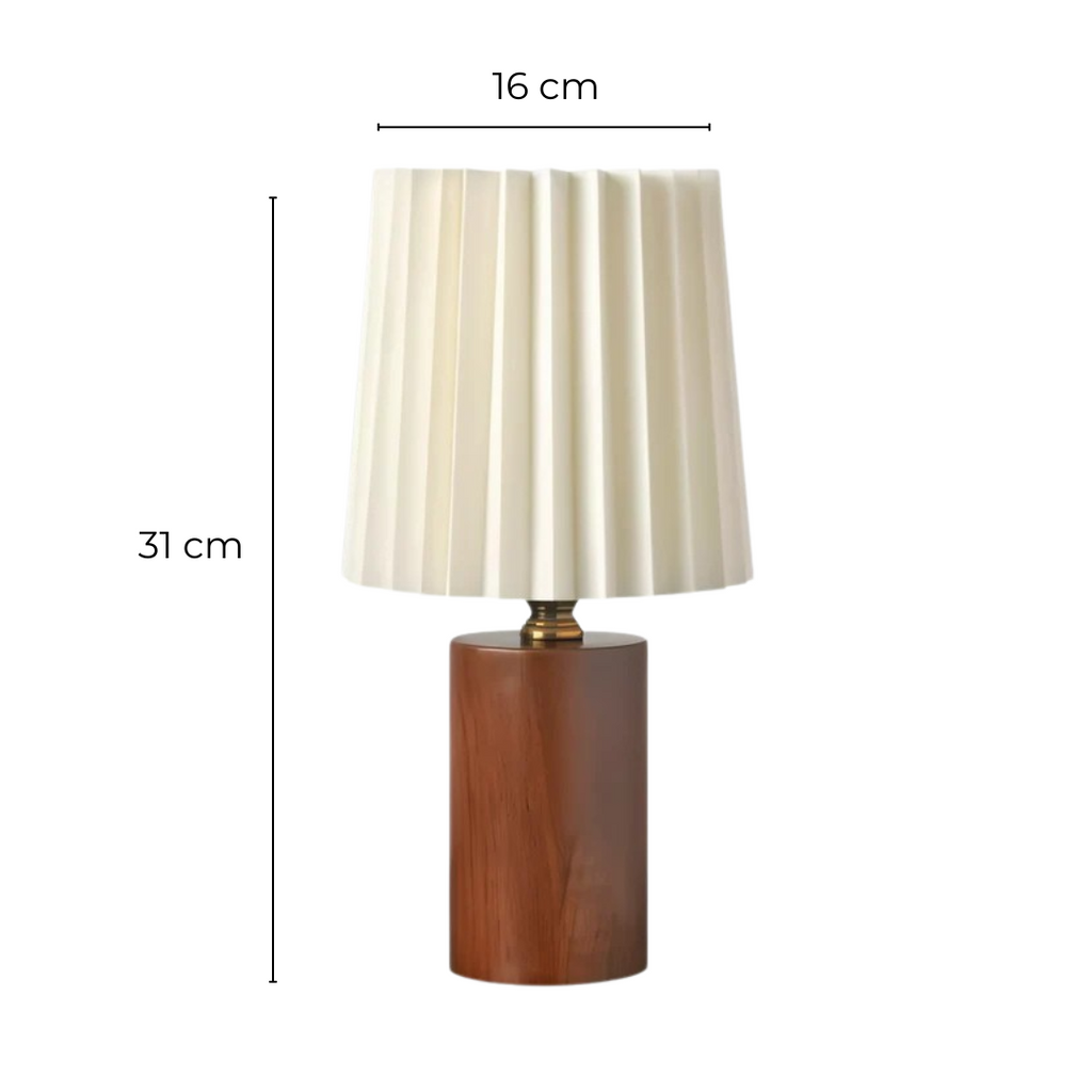 LegnoPuro | Scandinavische LED Tafellamp – Houten Voet – Geplisseerde Kap – Warmwit