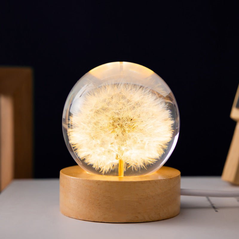 HanaSphere | 3D Kristallen Bloemenlamp – USB – Warm Sfeerlicht – Houten Basis