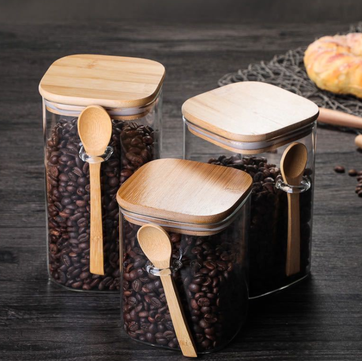Saji Moku | Luxe Glazen Koffievoorraadpot – Houten Deksel & Lepel – 3 Formaten