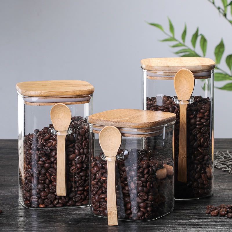 Saji Moku | Luxe Glazen Koffievoorraadpot – Houten Deksel & Lepel – 3 Formaten