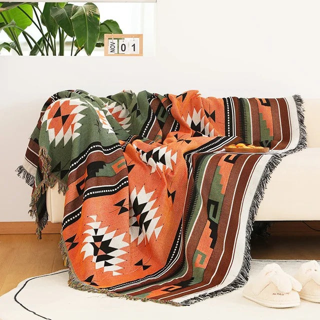 Alowa | Luxe Jacquard Geweven Plaid – Kleurrijke Throw Blanket met Boheemse Franjes