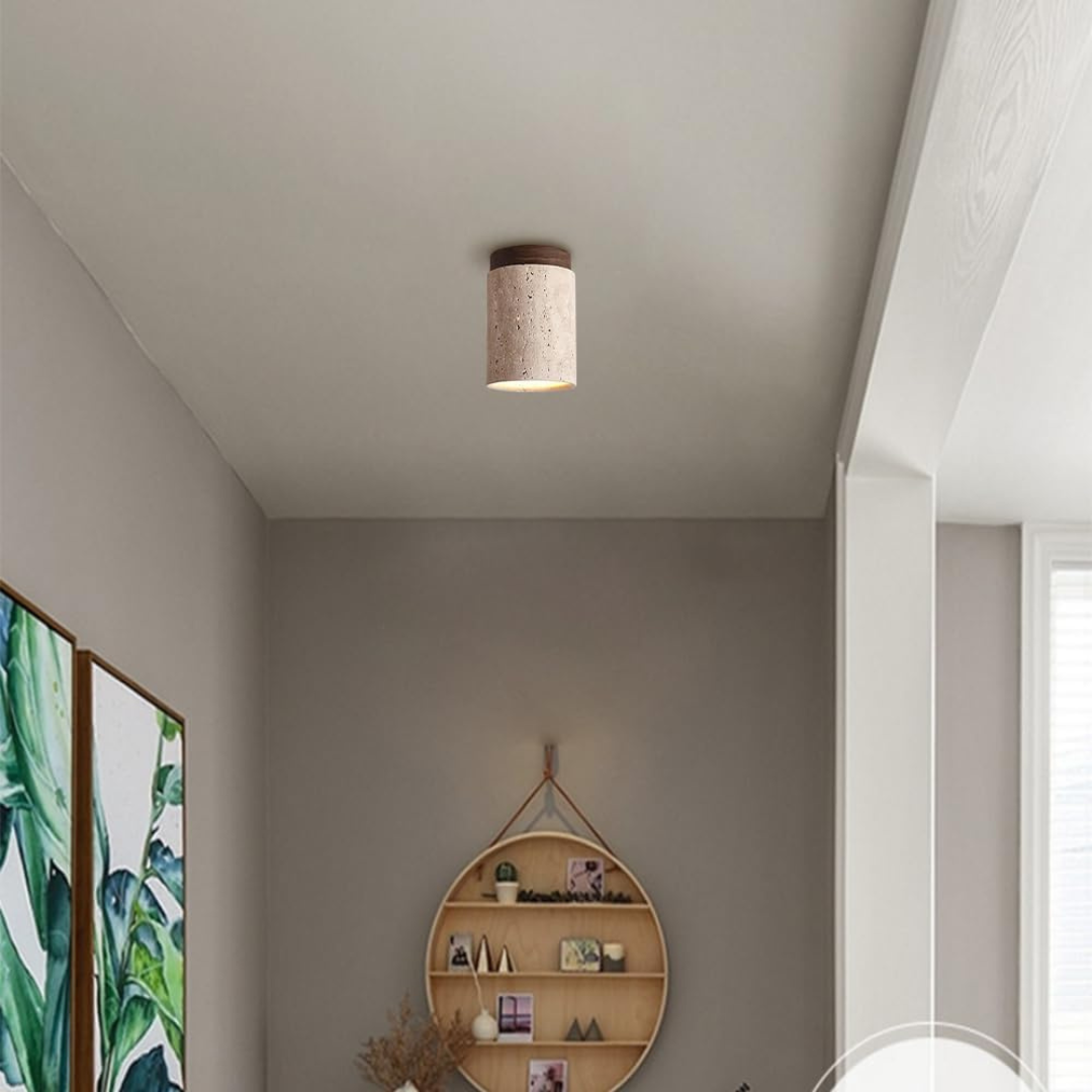 Travertin Plafondlamp – Cilindervorm met Hout | Pietra Calda