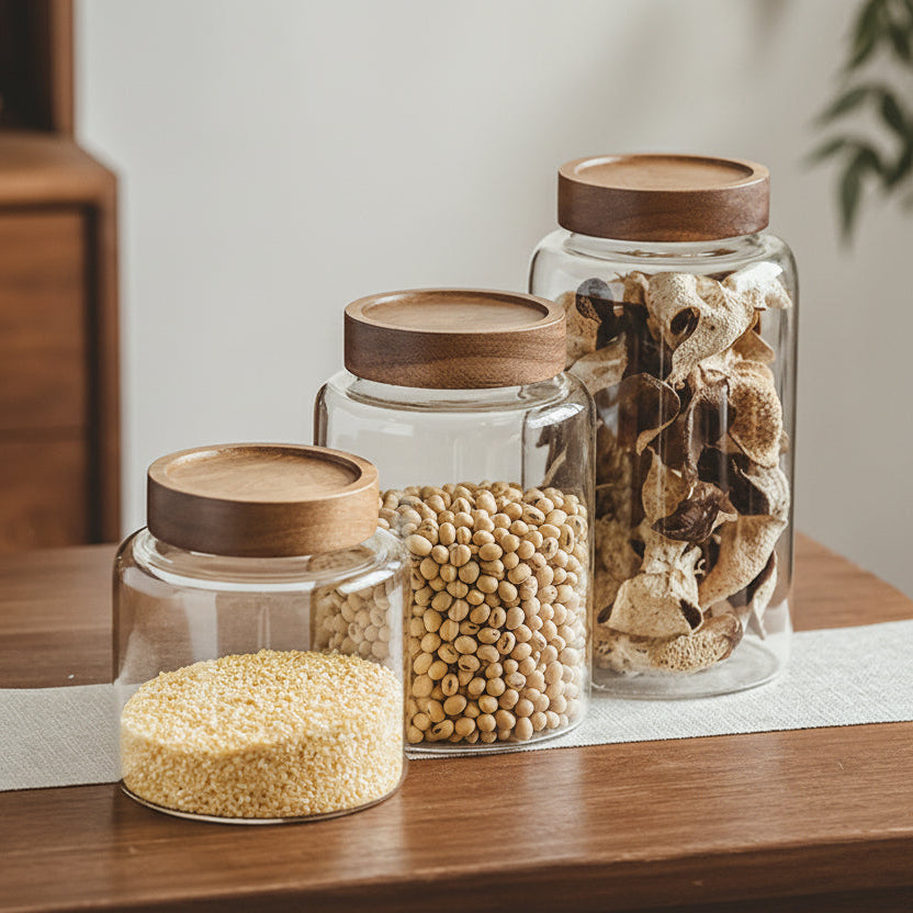 Klar Akasie | Luxe Glazen Voorraadpot – Acaciahouten Schroefdeksel