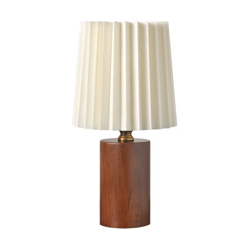 LegnoPuro | Scandinavische LED Tafellamp – Houten Voet – Geplisseerde Kap – Warmwit