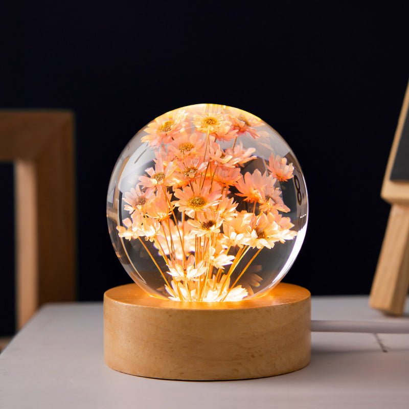 HanaSphere | 3D Kristallen Bloemenlamp – USB – Warm Sfeerlicht – Houten Basis