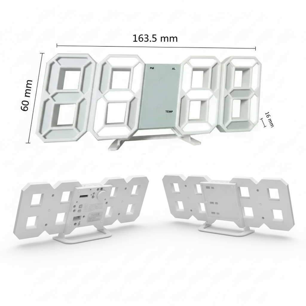 TempoPuro | Moderne 3D LED Klok – Wand & Bureau – Automatische Dimfunctie – USB