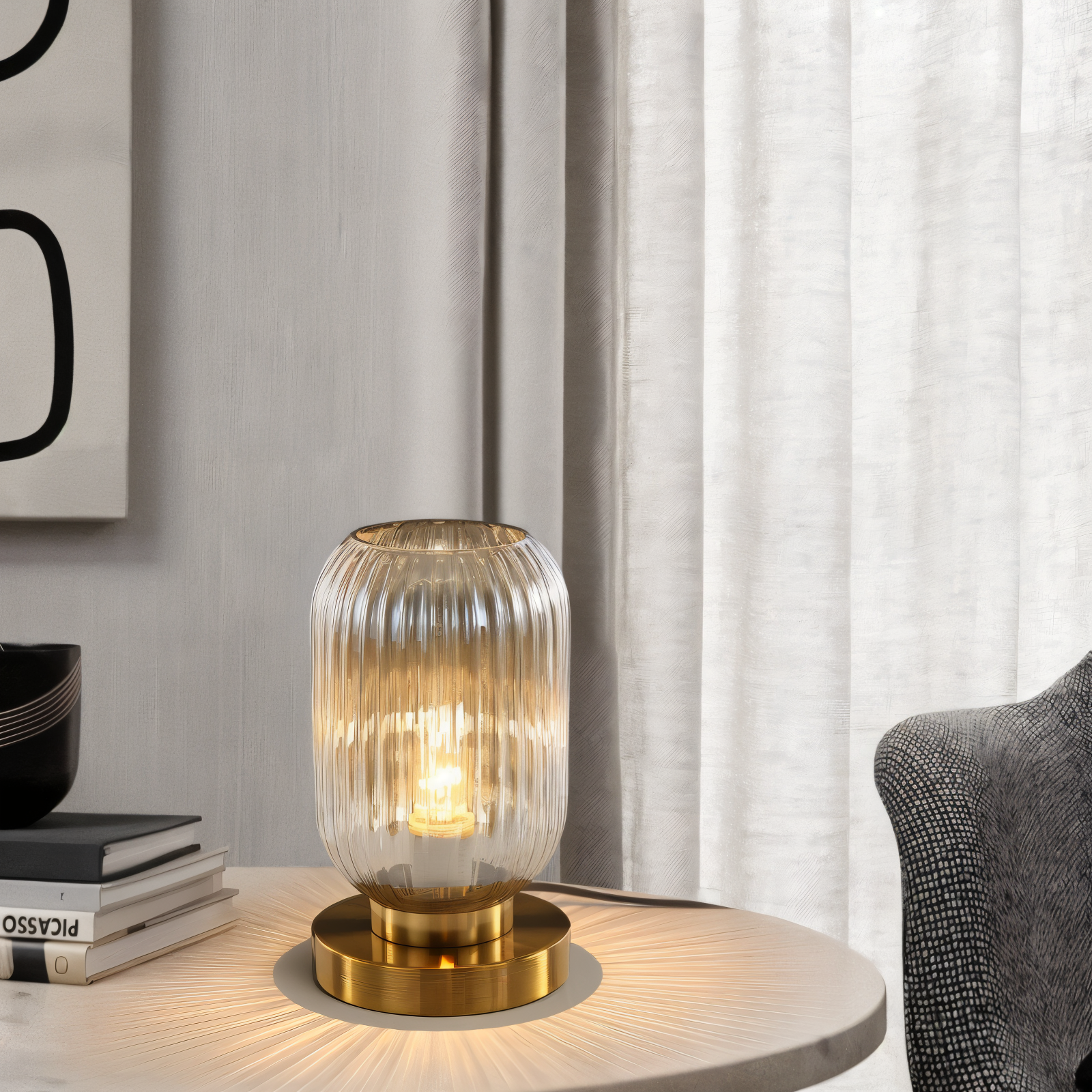Rigato | Scandinavische Tafellamp met Geribbeld Glas – Minimalistisch Design – Goud & Glas