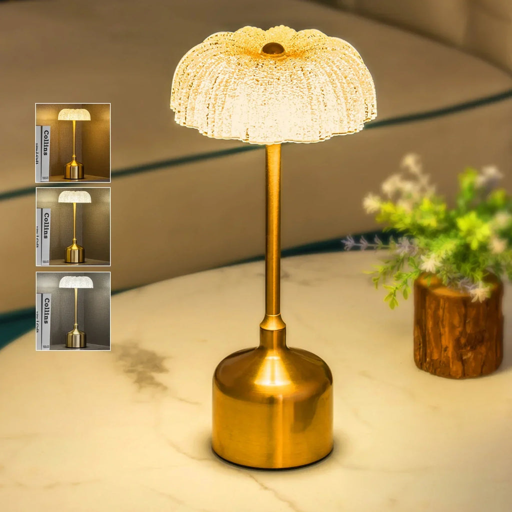 FioreDorato | Oplaadbare Kristallen Tafellamp – Bloemenpatroon – 3 Lichtkleuren