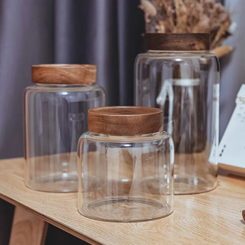 Klar Akasie | Luxe Glazen Voorraadpot – Acaciahouten Schroefdeksel