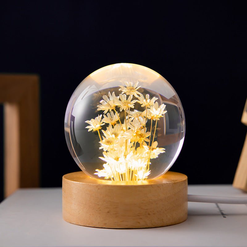 HanaSphere | 3D Kristallen Bloemenlamp – USB – Warm Sfeerlicht – Houten Basis