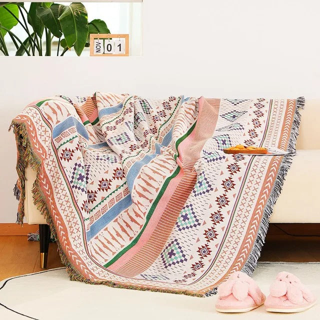 Alowa | Luxe Jacquard Geweven Plaid – Kleurrijke Throw Blanket met Boheemse Franjes