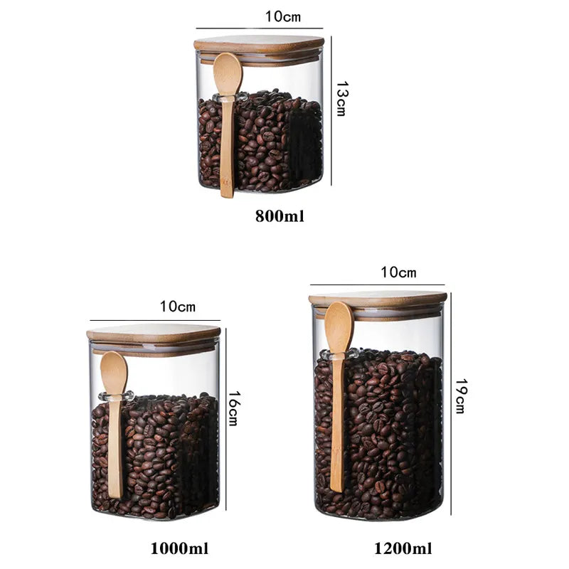 Saji Moku | Glazen Koffievoorraadpot – Houten Deksel & Lepel – 3 Formaten