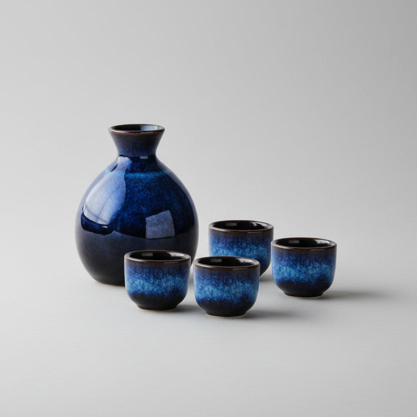 Ao Sora | Luxe Japanse Sake Set – Handgemaakt Keramiek – Indigo Blauw – 5-delig