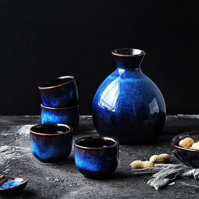 Ao Sora | Luxe Japanse Sake Set – Handgemaakt Keramiek – Indigo Blauw – 5-delig