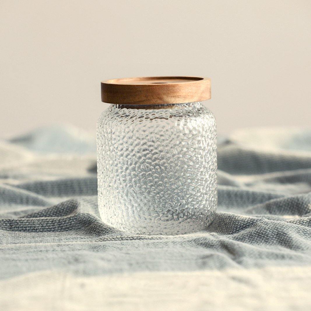 Pura Acacia | Luxe Voorraadpot met Gehamerd Glas – Acaciahouten Deksel – 3 Formaten